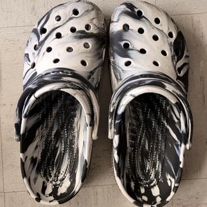 Black and white marble crocs.